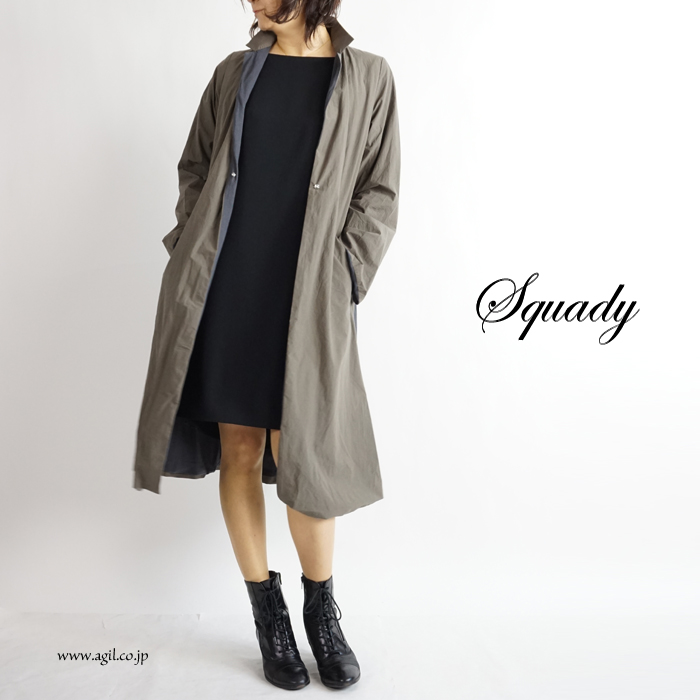 Squady (スカディ) リバーシブル コットン ロングコート カーキxグレー レディース