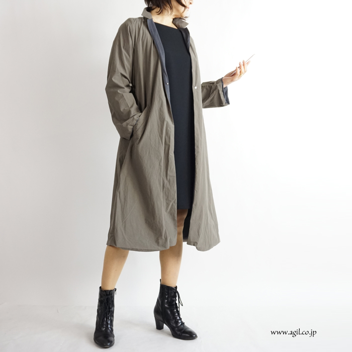 Squady (スカディ) リバーシブル コットン ロングコート カーキxグレー レディース