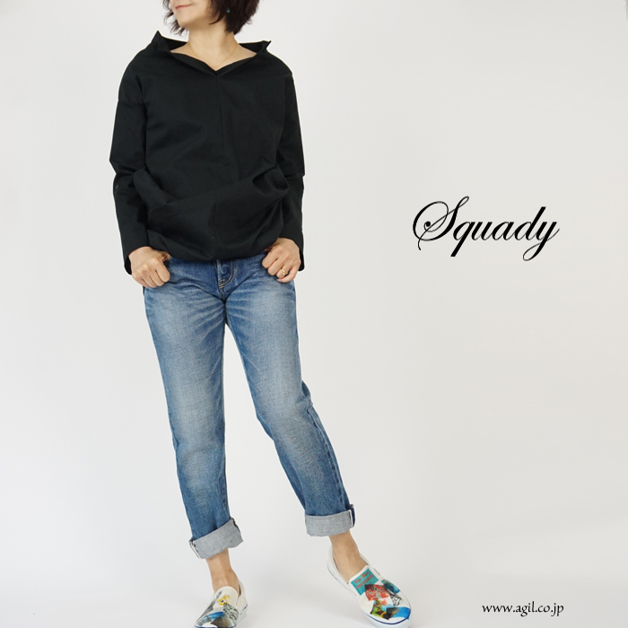Squady (スカディ) コーティング天竺プルオーバーシャツ スキッパー 綿・コットンジャージィ レディース