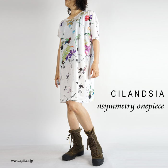 CILANDSIA(チランドシア) アシンメトリー プリント膝丈ワンピース チュニック ロングT 0077 0078 レディース メンズ