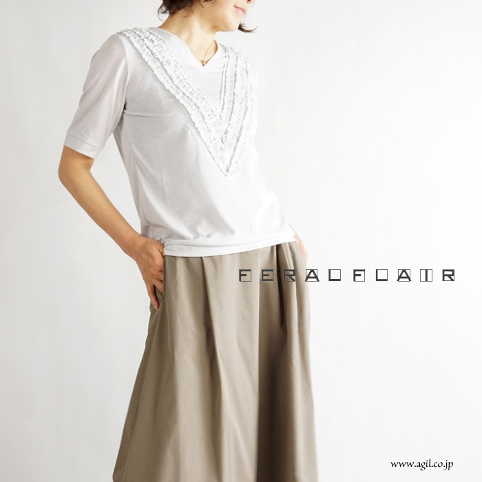 FERAL FLAIR (フィラルフレア) Vネック 半袖フリルTシャツ カットソー レディース
