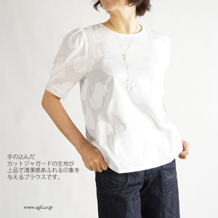 isato design works (イサトデザインワークス) カットジャガード タックドスリーブ プルオーバーブラウス ホワイト レディース