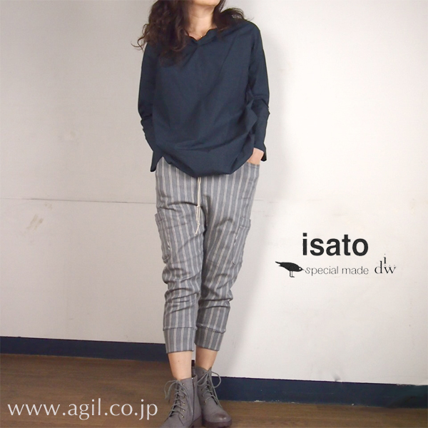 isato design works (イサトデザインワークス) スウェットサルエルパンツ 7分丈 ストライプ|定番|レディース
