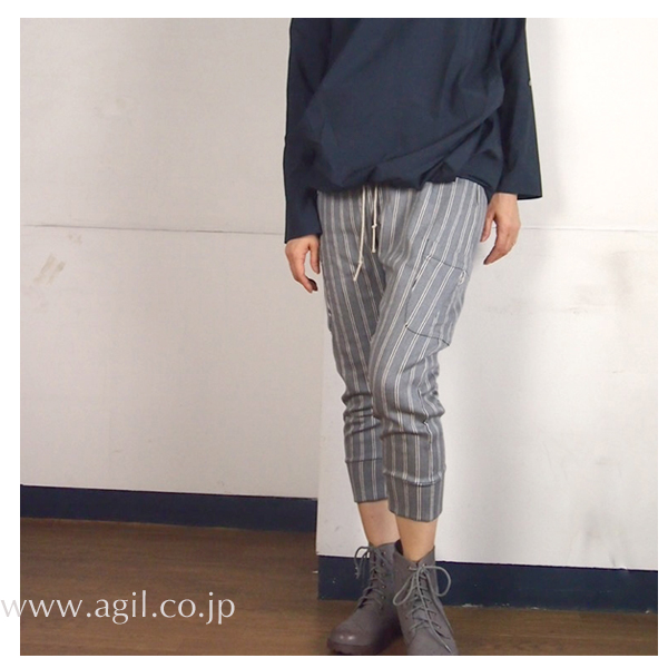 isato design works (イサトデザインワークス) スウェットサルエルパンツ 7分丈 ストライプ|定番|レディース
