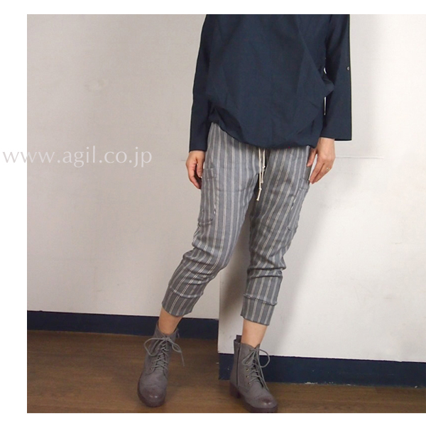 isato design works (イサトデザインワークス) スウェットサルエルパンツ 7分丈 ストライプ|定番|レディース