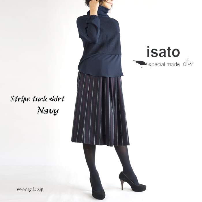 isato design works (イサトデザインワークス) ストライプ ボックスタックプリーツ ミディスカート ネイビー ワイン レディース