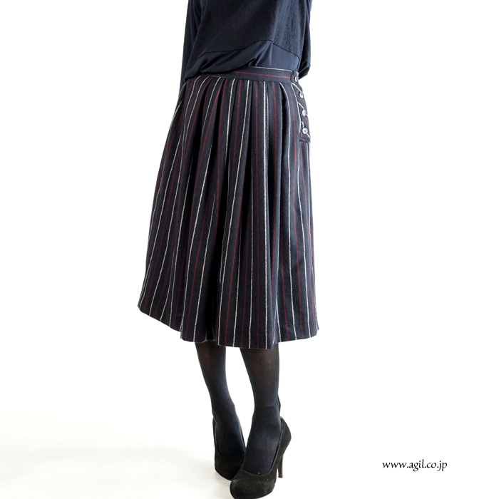 isato design works (イサトデザインワークス) ストライプ ボックスタックプリーツ ミディスカート ネイビー ワイン レディース
