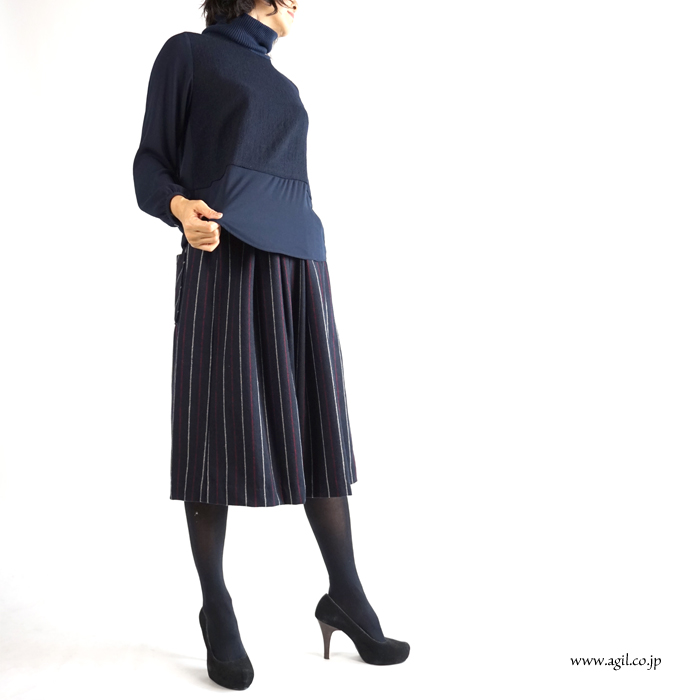 isato design works (イサトデザインワークス) ストライプ ボックスタックプリーツ ミディスカート ネイビー ワイン レディース