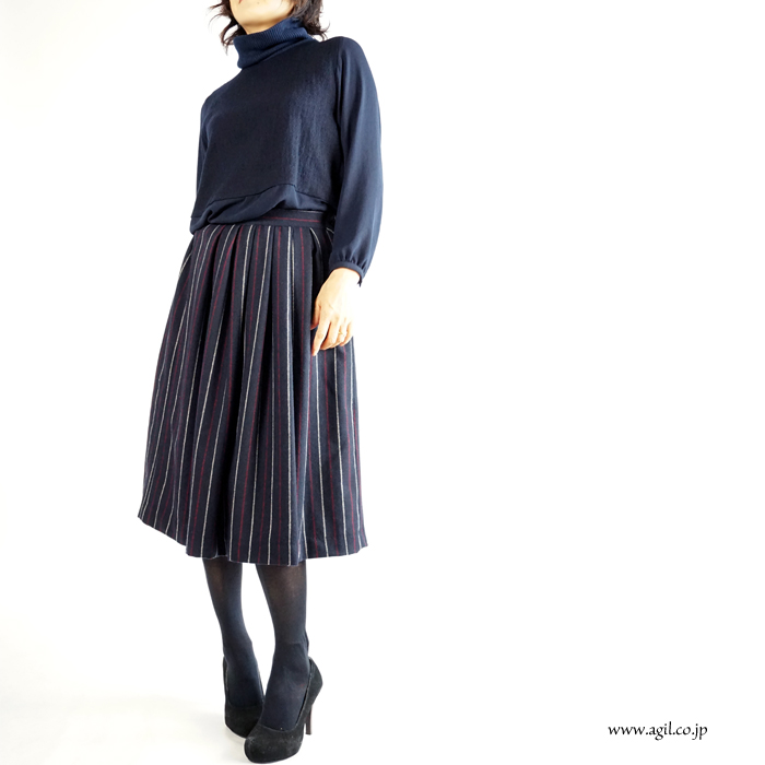 isato design works (イサトデザインワークス) ストライプ ボックスタックプリーツ ミディスカート ネイビー ワイン レディース