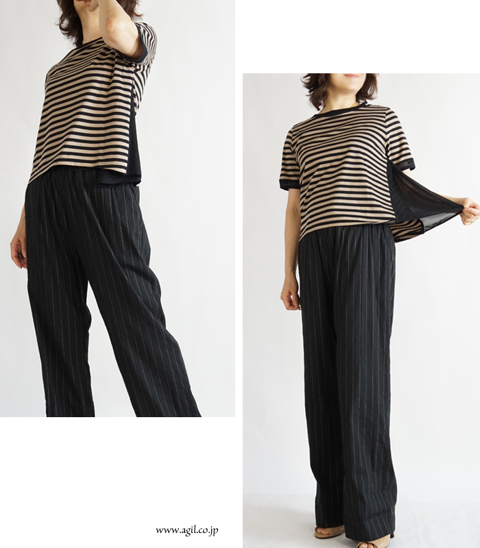 isato design works (イサトデザインワークス) サイドシフォンプリーツ ボーダーカットソー ベージュxクロ レディース