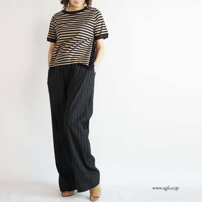 isato design works (イサトデザインワークス) サイドシフォンプリーツ ボーダーカットソー ベージュxクロ レディース