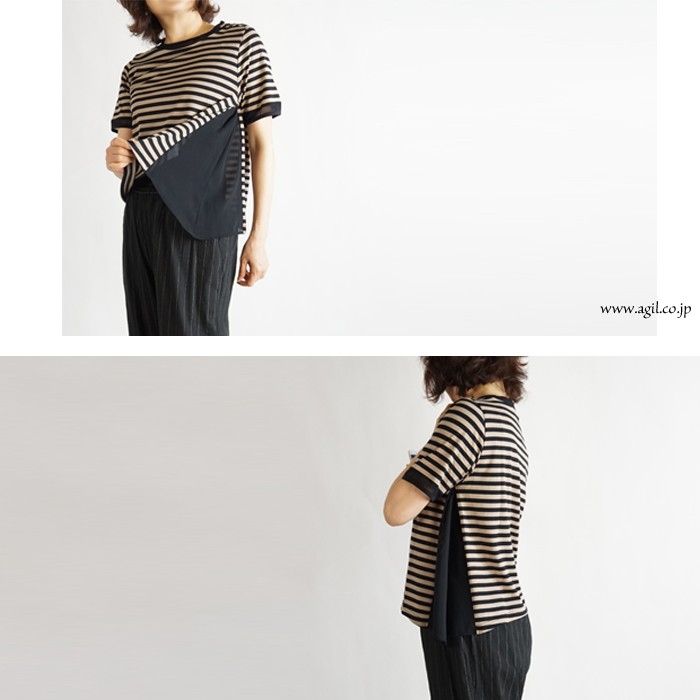 isato design works (イサトデザインワークス) サイドシフォンプリーツ ボーダーカットソー ベージュxクロ レディース