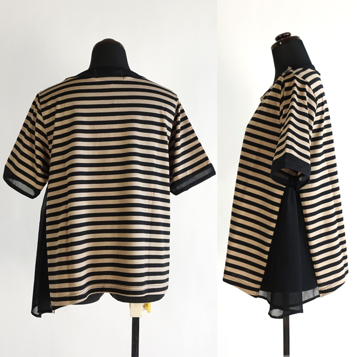 isato design works (イサトデザインワークス) サイドシフォンプリーツ ボーダーカットソー ベージュxクロ レディース