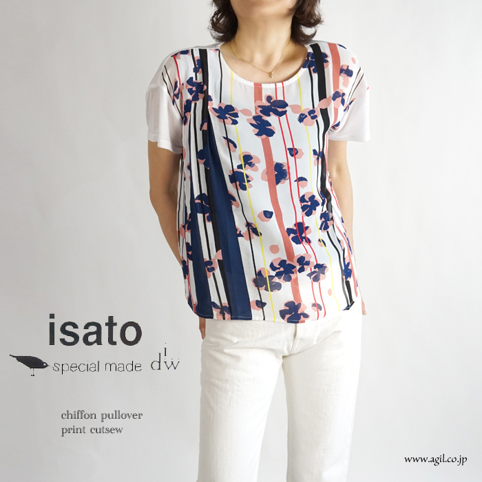isato design works (イサトデザインワークス) シフォンプリントタック別布切替カットソー レディース