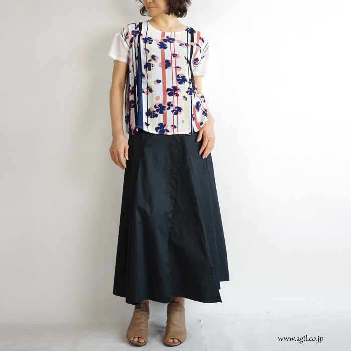 isato design works (イサトデザインワークス) シフォンプリントタック別布切替カットソー レディース