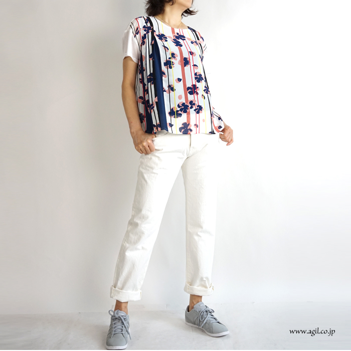 isato design works (イサトデザインワークス) シフォンプリントタック別布切替カットソー レディース