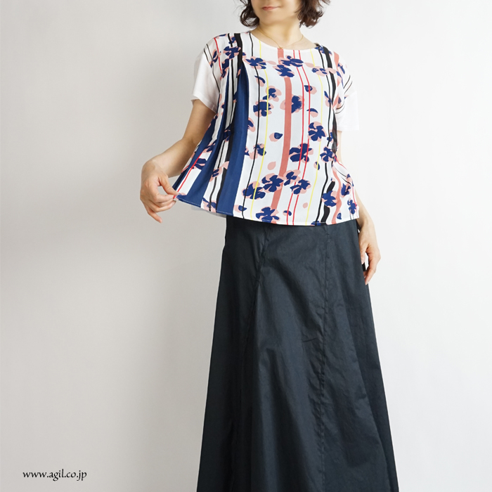 isato design works (イサトデザインワークス) シフォンプリントタック別布切替カットソー レディース