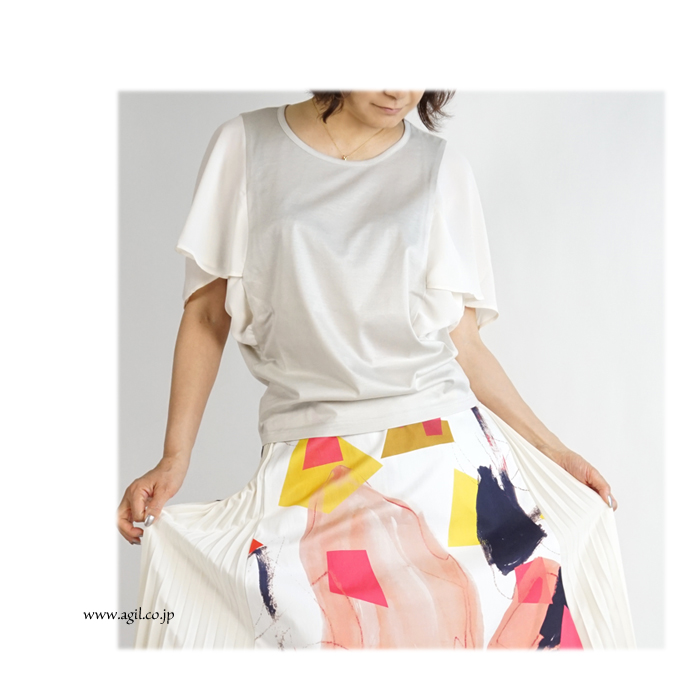 isato design works (イサトデザインワークス) シフォン袖 フレアースリーブ サイド切替カットソー レディース