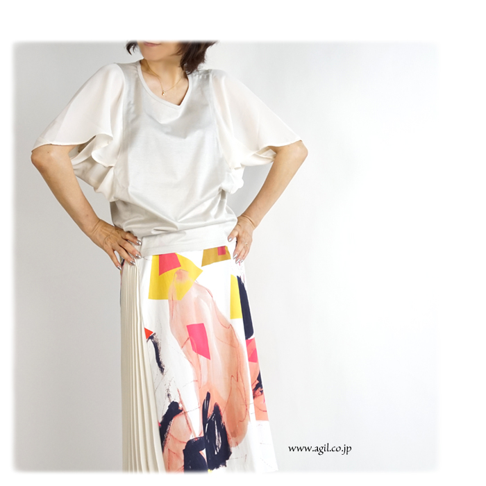 isato design works (イサトデザインワークス) シフォン袖 フレアースリーブ サイド切替カットソー レディース