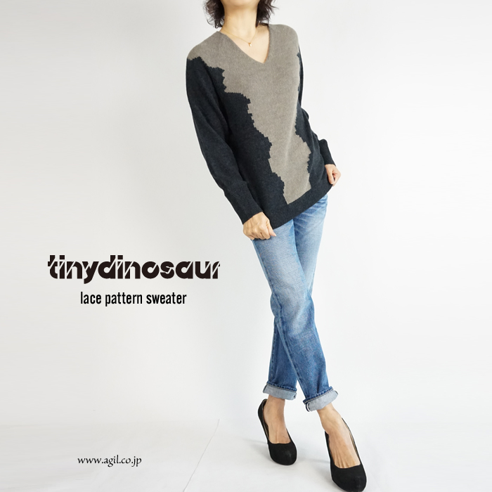 tiny dinosaur (タイニーダイナソー) レースパターンニット セーター Vネック ブラック系 ピンク系 レディース