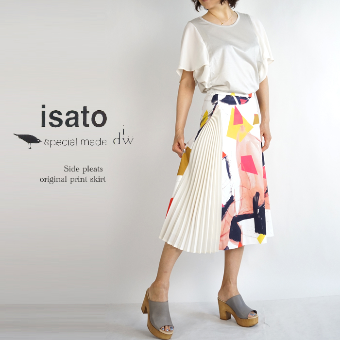 isato design works (イサトデザインワークス) サイドプリーツ プリントミディスカート レディース