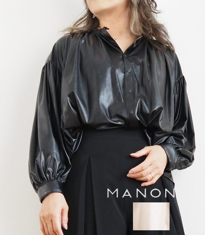 MANON マノン アミカルシャツ 長袖 フェイクレザー ギャザーブラウス レディース