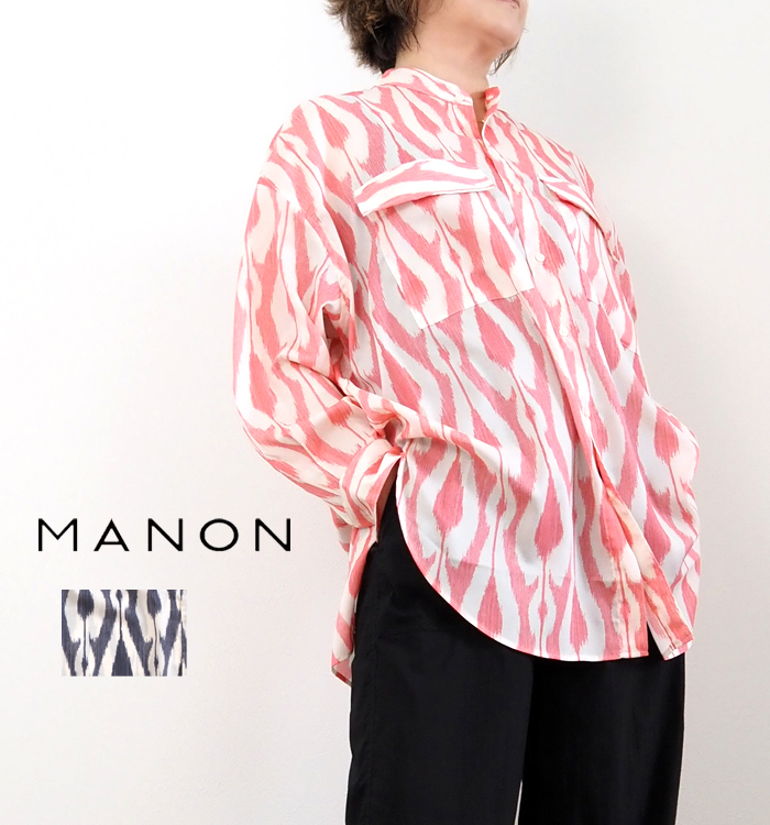 MANON マノン バンドカラーチュニックブラウス バティックプリント レディース